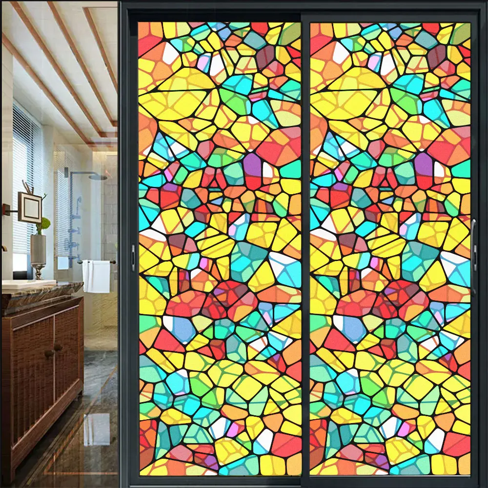 Color Lattice Privacy Frosted Window Film Church Retro No Glue Glass Window Sticker Sun Blocking Static Clings Kitchen Door Film