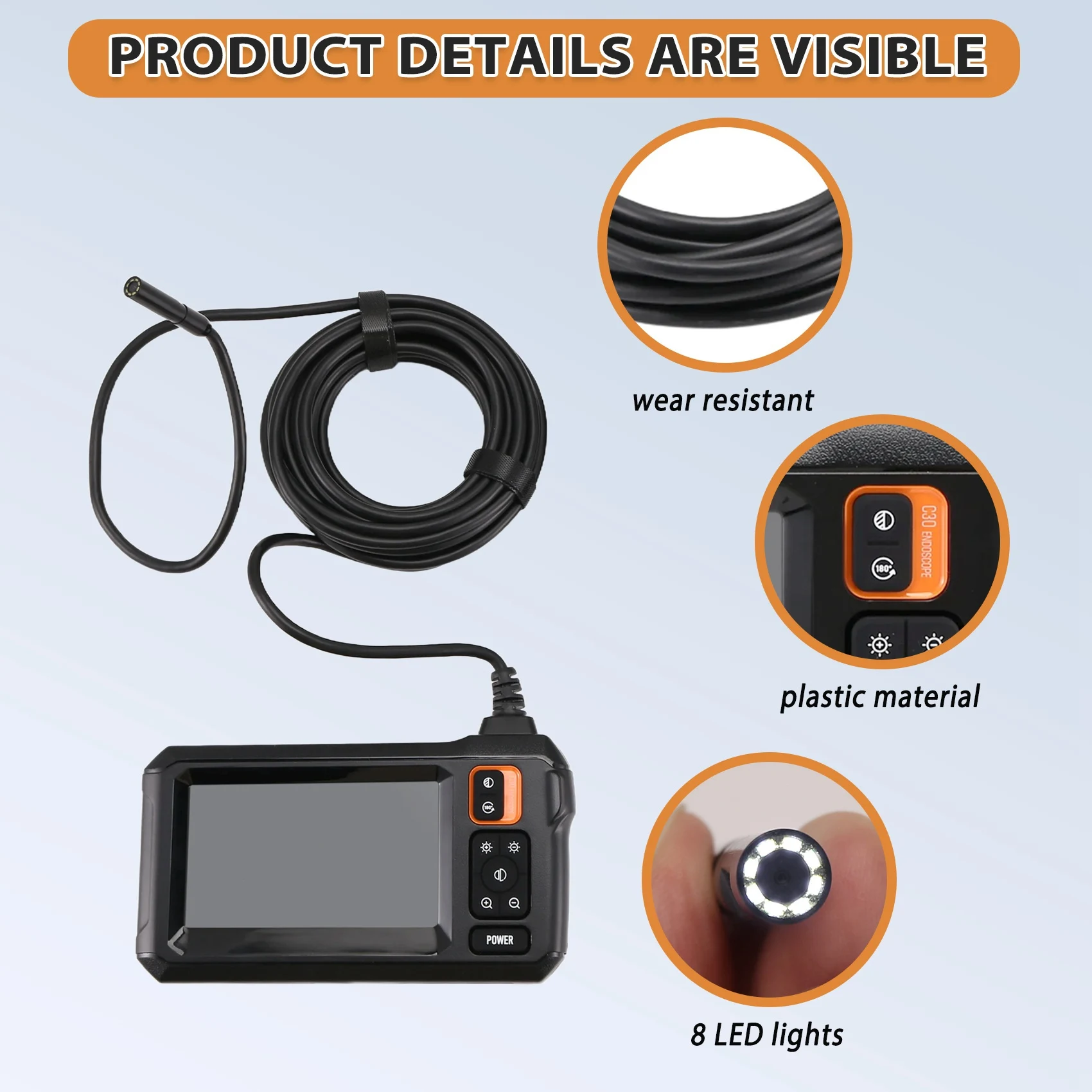 Industrial Endoscope Camera 4.3In IPS Screen 1080P IP67 Waterproof With Dual Lens For Pipe Sewer Inspection Car Repair