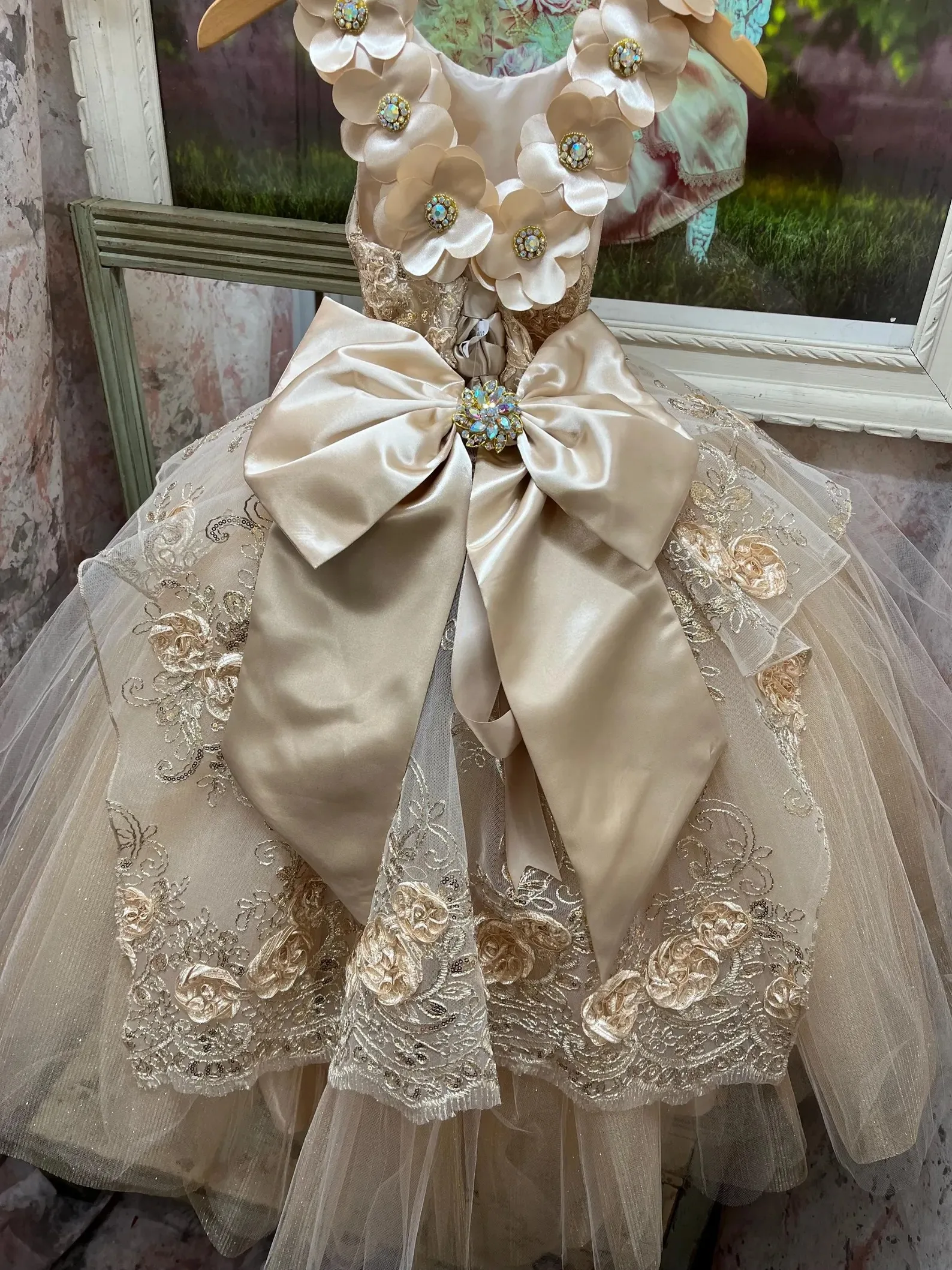 Custom 3D Floral Embroidered Lace Tulle Flower Girl Dress With Bow For Luxury Wedding Birthday Party Pageant Runway Formal Kids
