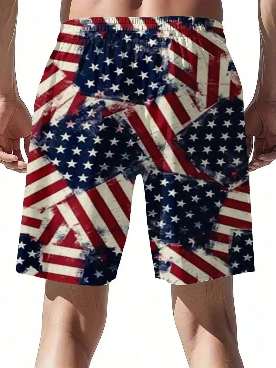 

American Flag Print Swim Shorts For Men Patriotic Beachwear Casual Sports