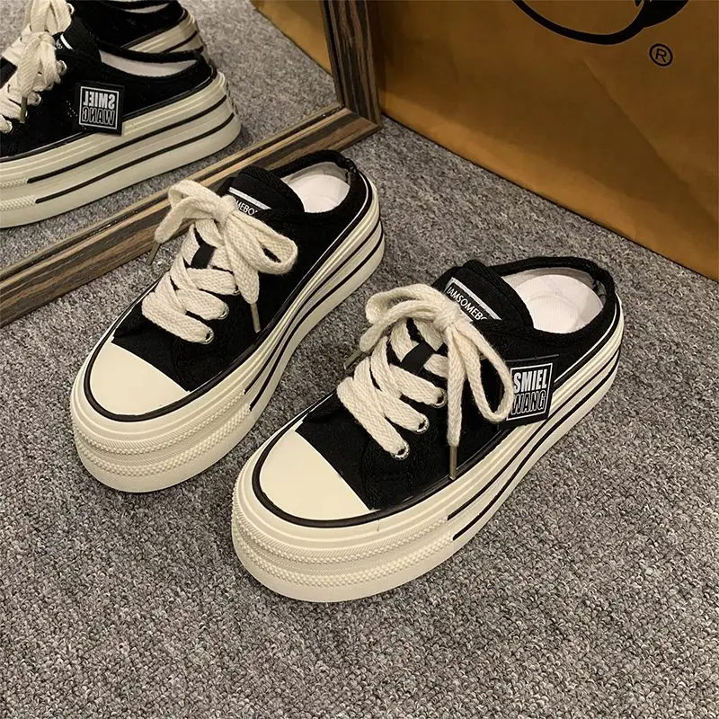 

Canvas Half Slippers for Women's Summer Outerwear 2025 New Fashionable Thick Soled Raised Flat Bottom Casual Women's Shoes