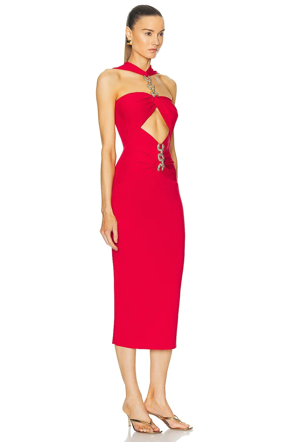 Vestido de fiesta de noche de alfombra roja de celebridad para mujer, Color rojo, Halter Sexy, hombros descubiertos, vendaje Bodycon, vestido de media pantorrilla, venta al por mayor