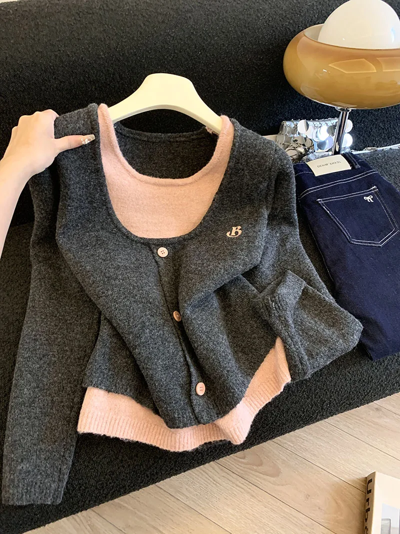 Women Color Blocking Fake Two Pieces Sweater Autumn Winter Spliced Square Collar Pullovers Loose Casual Long Sleeve Knitwear