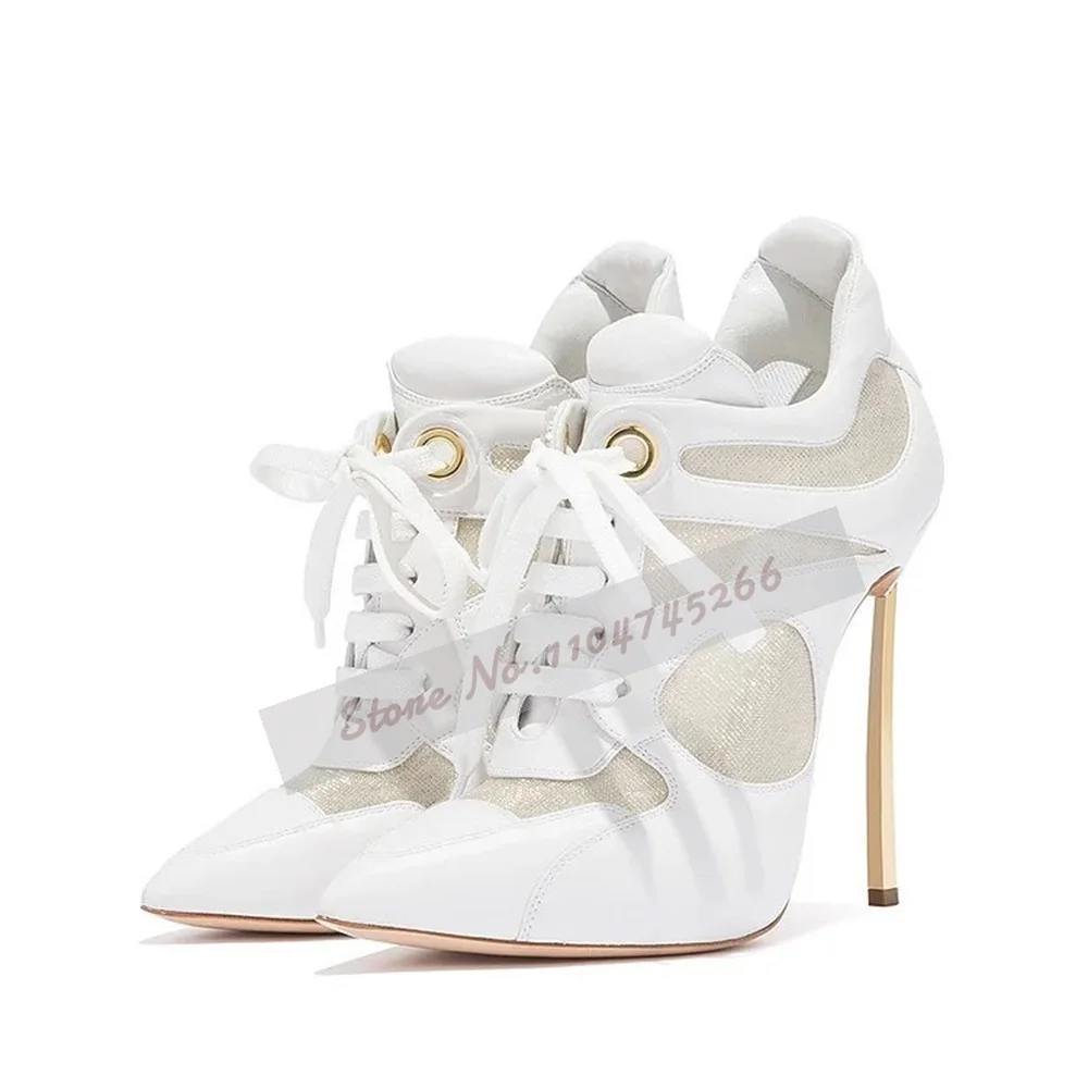 

Женские модельные туфли-лодочки на шнуровке с золотым лезвием, белые матовые кожаные туфли с воздушной сеткой в стиле пэчворк, банкетные туфли, обувь с сетевым кольцом и пряжкой