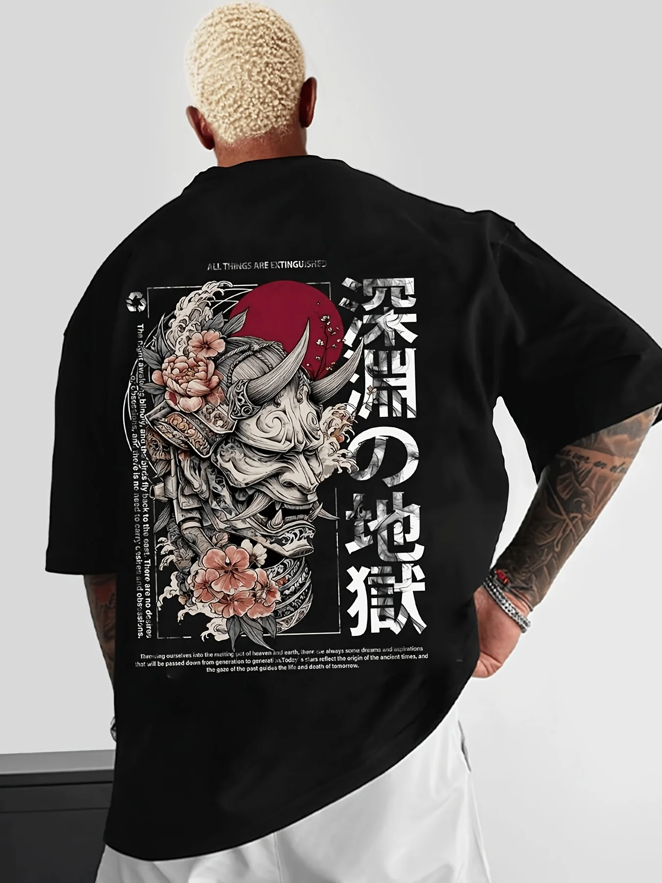 Men's T-shirts Come From Characters in Demon Mythology. It Displays Prints of Japanese Kanji, Peonies, and Leaves