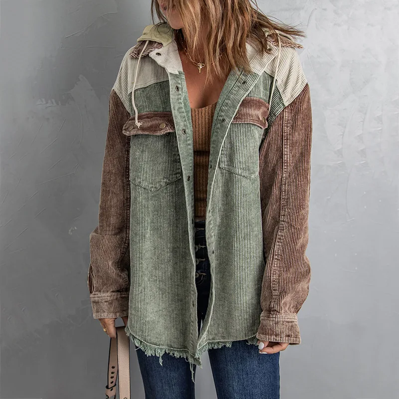 

2024 Hooded Jacket Autumn and Winter Contrast Color Stitching Single-breasted Loose Corduroy Jacket Top Winter Clothes Women