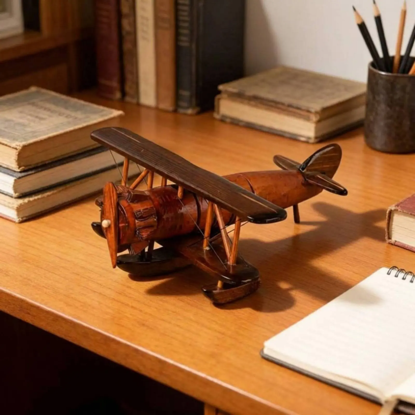 Wooden Biplane Model Rustic Finish Wooden Airplane Model Vintage Biplane Ornament Handmade Look Display Piece Sturdy for Office view 3