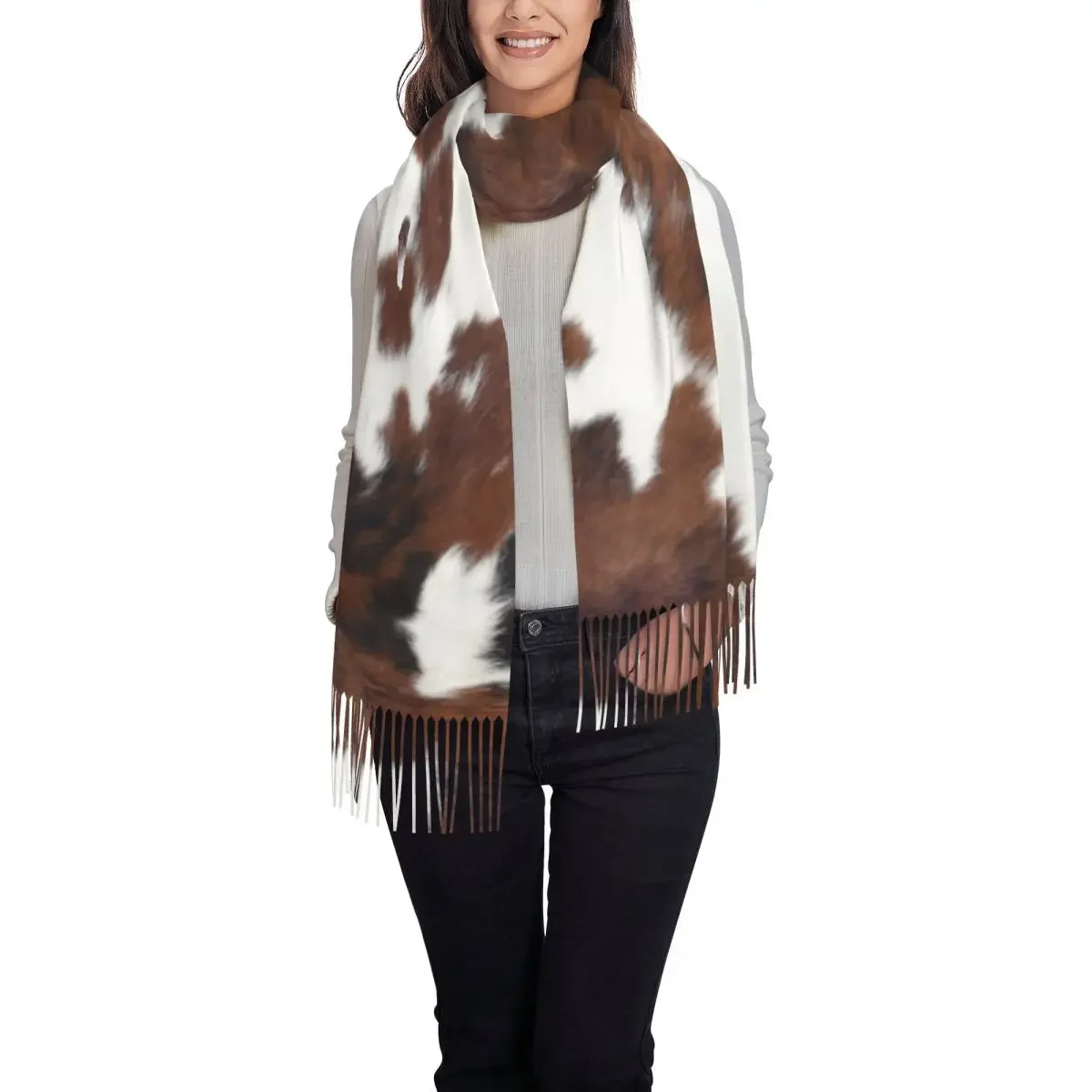 Customized Print Spotted Brown Farm Animal Skin Scarf Women Men Winter Warm Scarves Cowhide Leather Texture Shawl Wrap