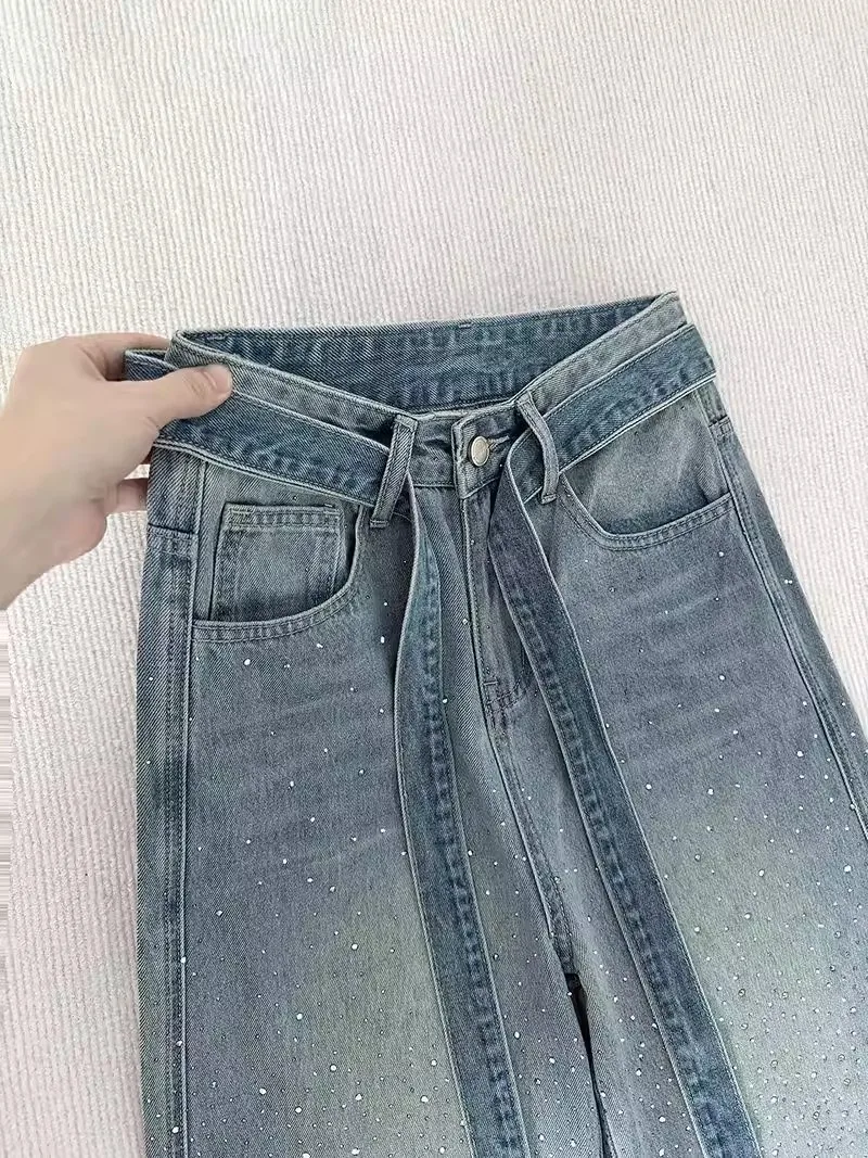 American Retro Shiny Diamonds Women Jeans New High Waist Versatile Straight Trousers Streetwear Fashion Loose Denim Pants