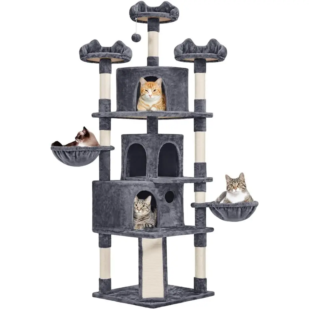 

Большая многоуровневая лежанка-башня для кошек 76,5 дюймов с 3 домиками, плюшевыми лежанками, 9 когтеточками и лестницей - идеально подходит для крупных кошек, серая