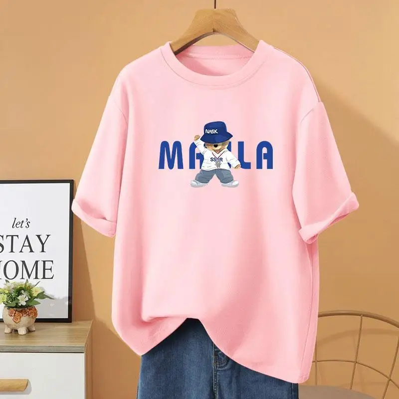 Summer 100% Cotton Casual Loose O-neck T-shirt, Vintage Basic Short Sleeve Top Tee, Women Clothing Cartoon Printed Pullovers