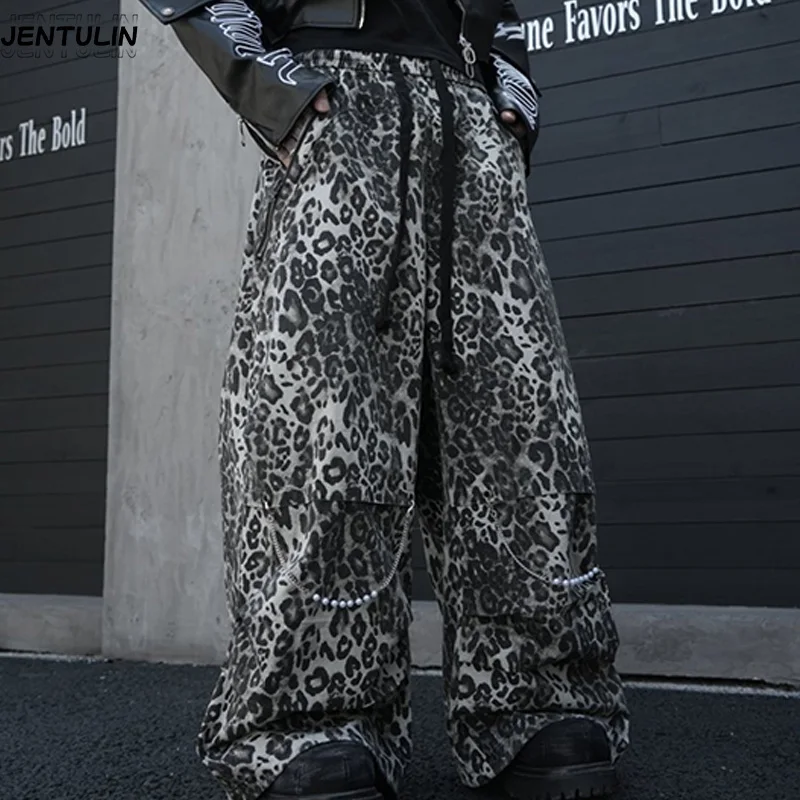 Gothic Korean Style Men Leopard Print Casual Wide Leg Pants Fashionable Men Street Wear Dark Style Women Youth Slim Fit Slimming