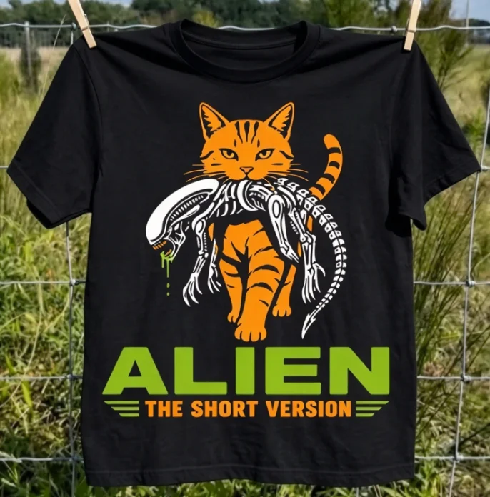 2026 new Funny Cat Carry Skeleton Monster Graphic Novelty Print Short Sleeve Tees Loose Crew Neck Streetwear Black Tops For Male
