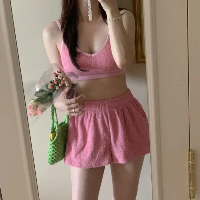 

2024 New Fashion Women Bikini Towel Solid Color Swimwear Backless Camisole Elastic Waist Shorts Three-Piece Hot Spring Swimsuit