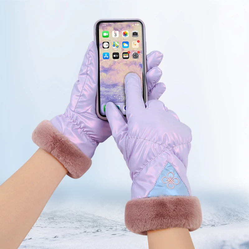 Women Winter Plus Velvet Thicken Warm Touch Screen Shiny Fashion Cute Elegant Plush Wrist Bow Waterproof Sports Climbing Gloves