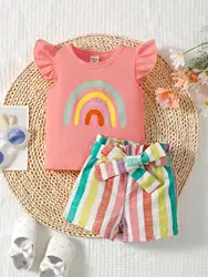 6-36M Three-Piece Baby Girls Casual And Comfortable Rainbow Pattern Flying Sleeve Top Multi-Color Striped Shorts Summer Style