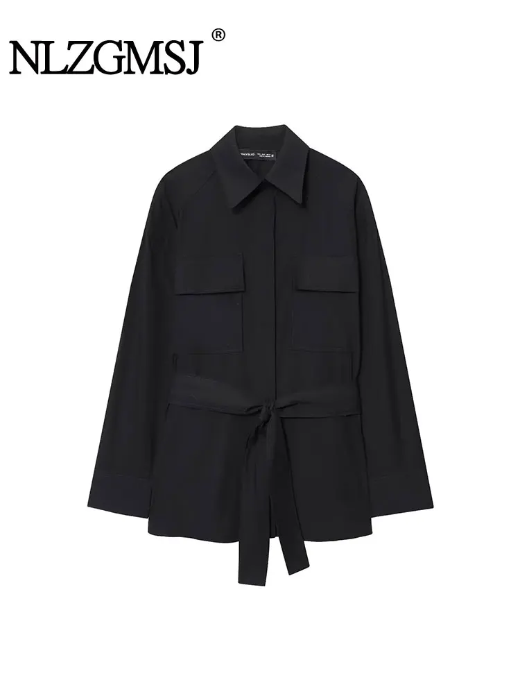 

NZLGMSJ Vintage Casual Women Blouse Solid Turn-down Collar Single Breasted Loose Belt Blouse New Fashion Autumn Chic Shirts