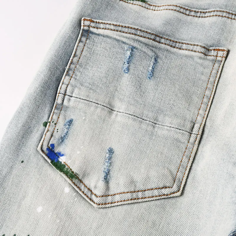 American men's high-quality jeans blue stretch slim fit retro washed ripped patch tapered pants Y2K