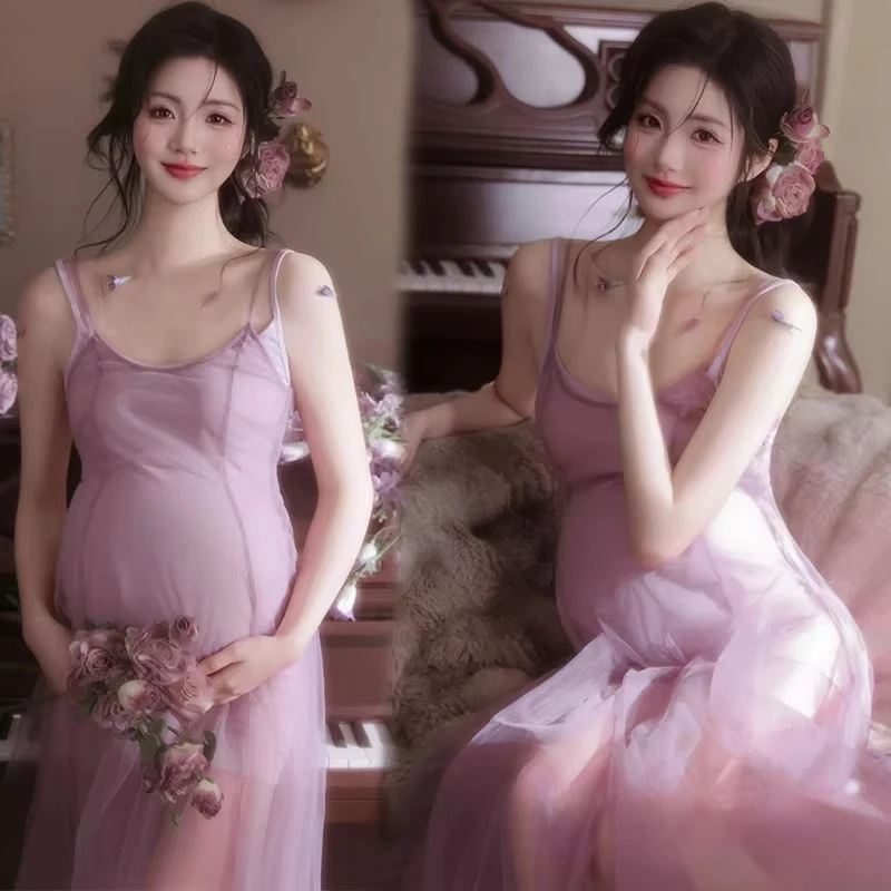 Elegant French Vintage Pink Sweet Sheer Maternity Dress for Pregnancy Photo Shoot Feminine Romantic Chic Expecting Mom Outfit