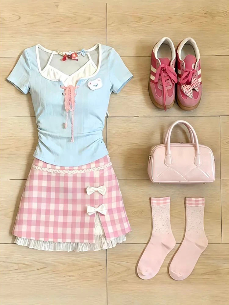 Sweet Dopaamine Plaid  Skirt Set Women's Summer Short Sleeve T-Shirt High Waist Gingham Print Hanging Neck Design Two-Pie...