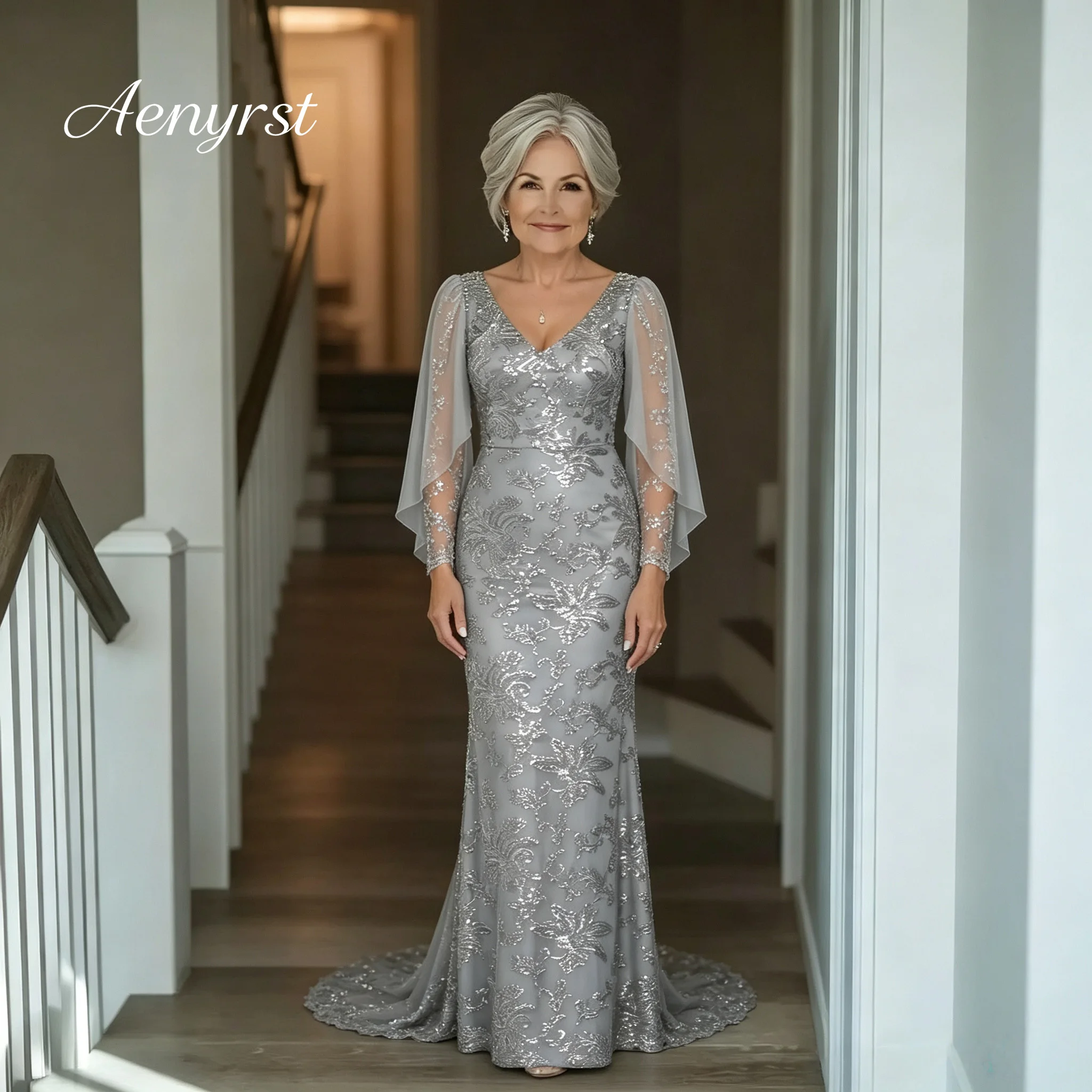 Mother‑of‑the‑Bride Mermaid Formal Gown Floral Sequined Embroidery Mesh Cape Sleeve Evening Dress