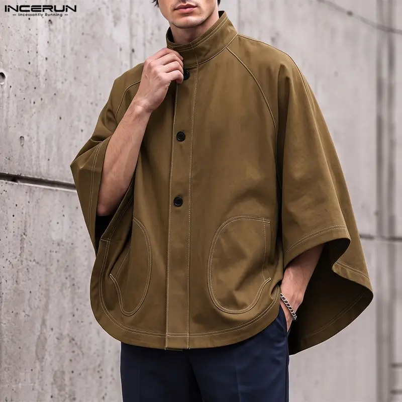 INCERUN Herrenjacken Einfarbiger Umhang Übergroßer Stehkragen Unregelmäßige Mäntel Ponchos für Männer Streetwear 2026 Mode Lässiger Umhang