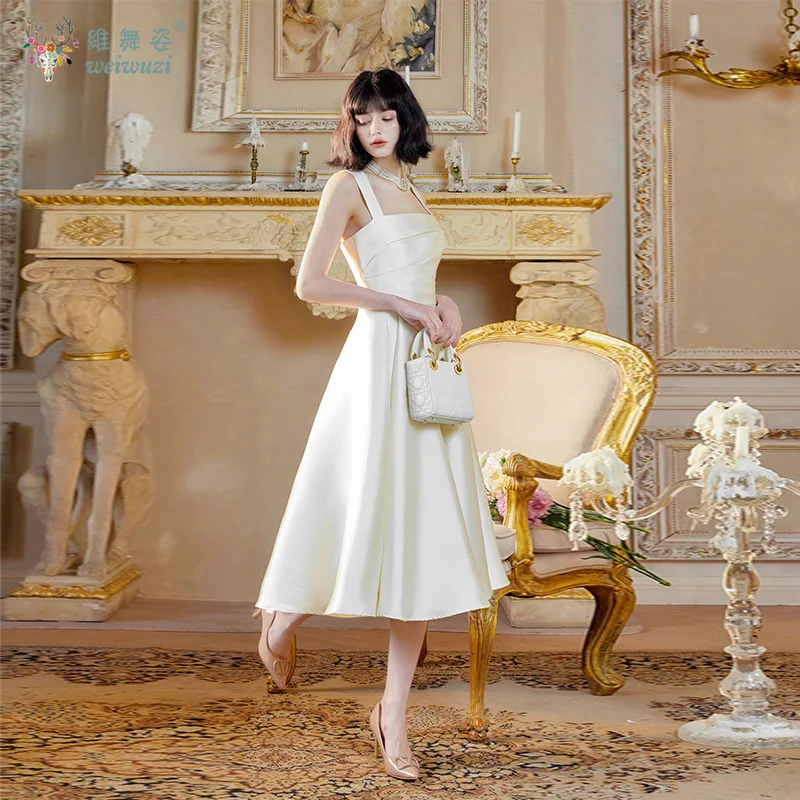 Estilo francês minimalista retro branco camisola a linha fino ajuste cintura cinched vestido de noite para socialites reunindo vestido de noite