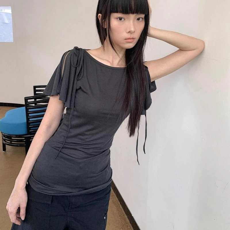 

Deeptown Japanese Style Casual T-shirts Women Harajuku Vintage Dark Gray Tees Gothic Solid Slim Short Sleeve T-Shirt Aesthetics