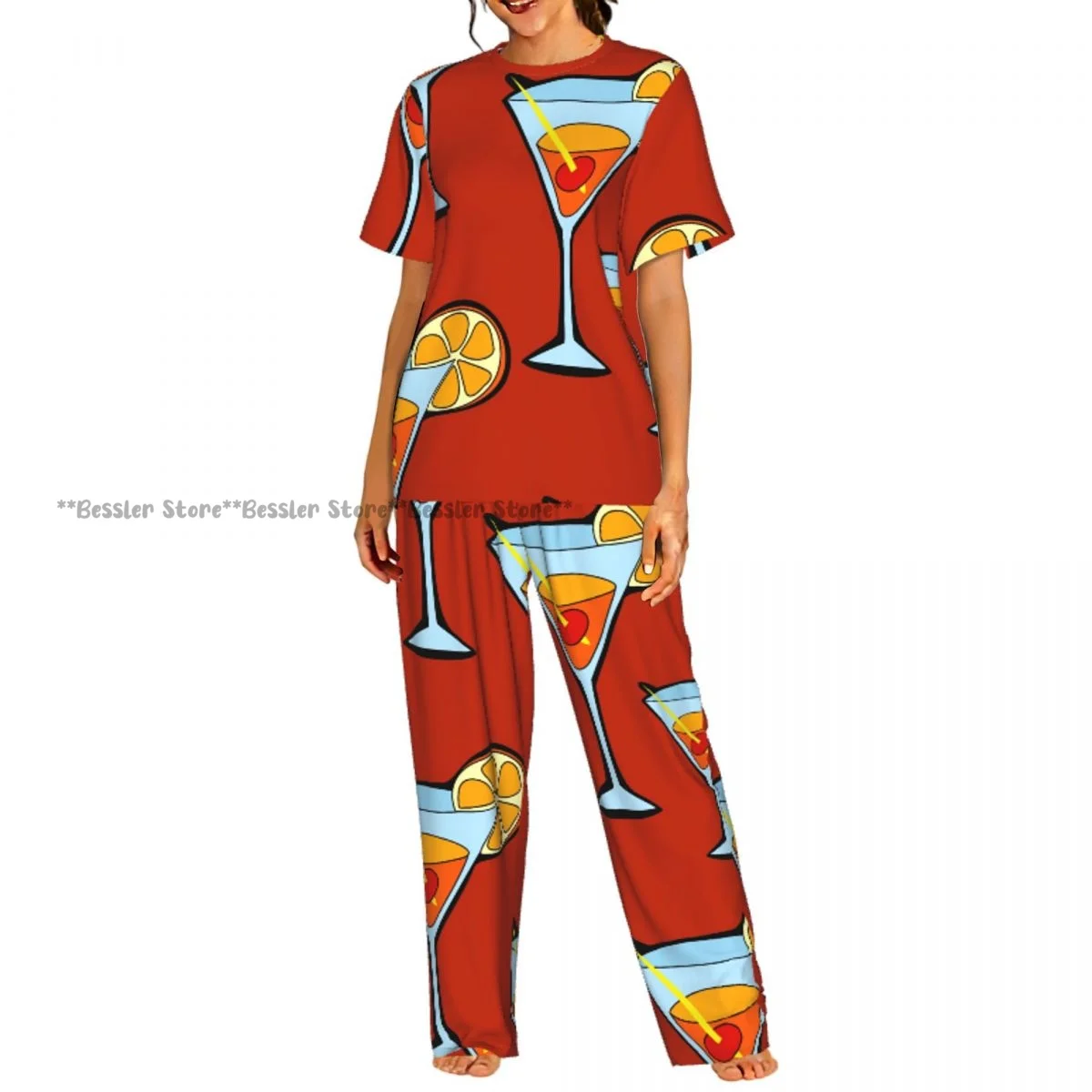

Women's 2-piece set Funny Cocktail Glass Pajamas Short sleeved Top and Pants Sleepwear