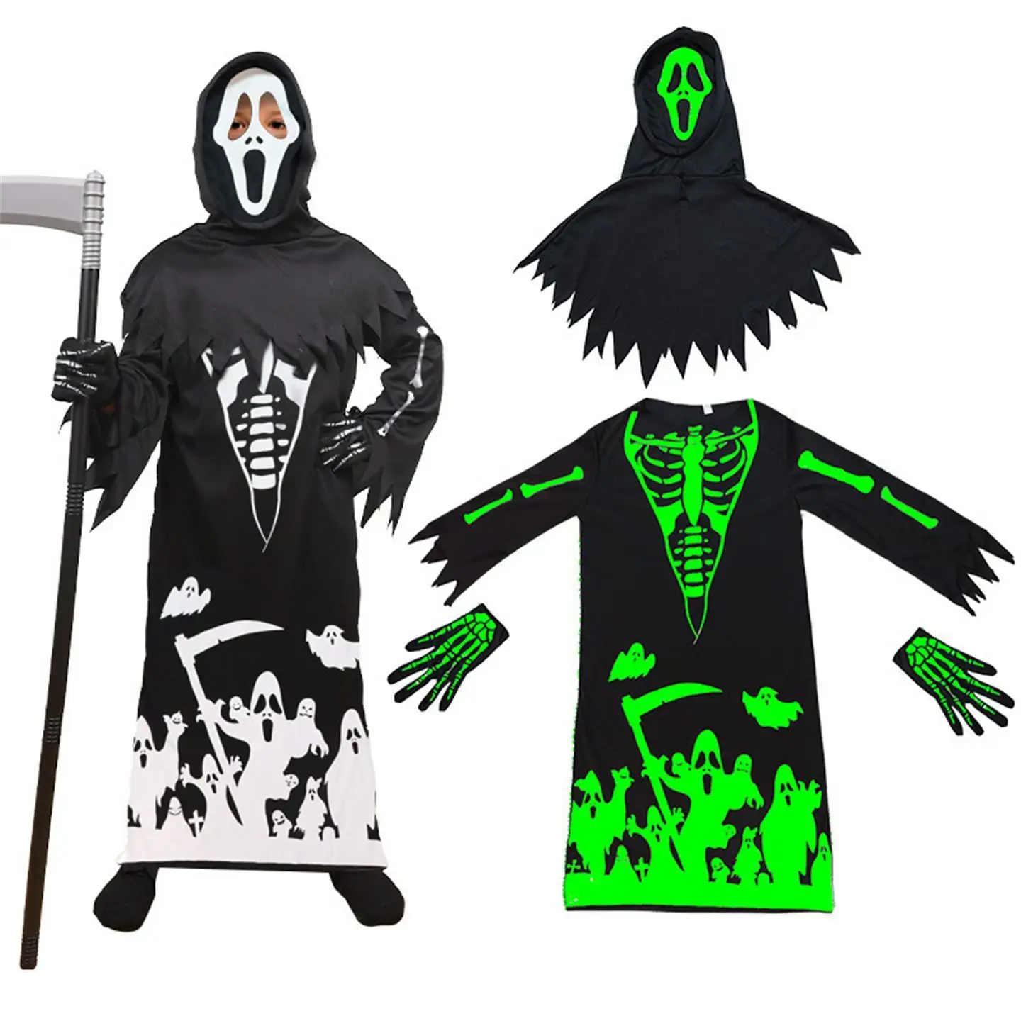 

loween Children's Glowing Scythe Death Ghost Skeleton Print Costume Par Horror Clothing Ghostly Print Skeleton Costume