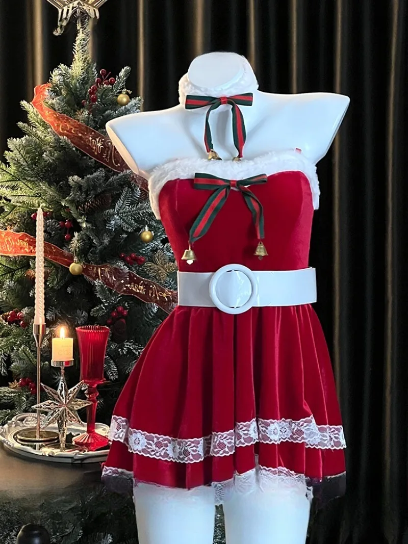 

Christmas Reindeer Cosplay Lingerie,Sexy Winter Party Uniform Pajama Women,Cute Holiday Roleplay Set,Halter Mini Dress Antlers