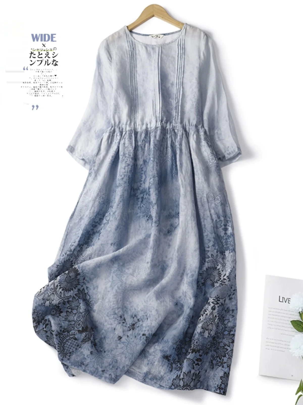 New Chinese Sle National Trend Linen Seven Sve Women's Spring Summer Vintage Sumi Printing Slimming Maxi Dr