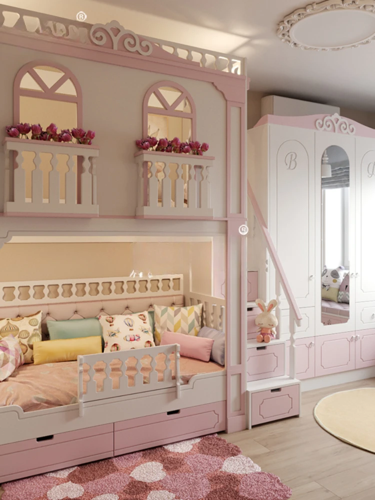 Solid Wood Children Bunk Bed Princess Height-Adjustable Bed Bunk Bed