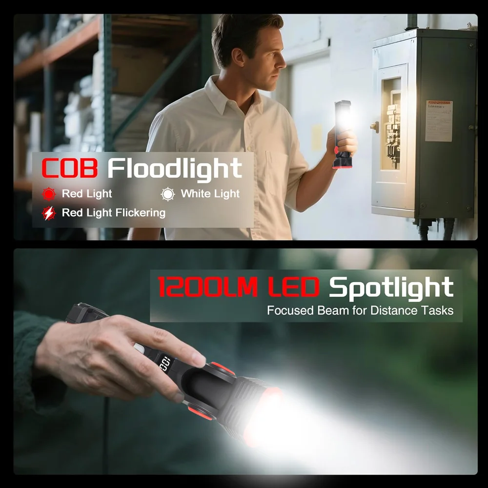 Linterna LED COB portátil, luz de trabajo recargable, lámpara colgante magnética con batería integrada de 1800mah, antorcha de Camping