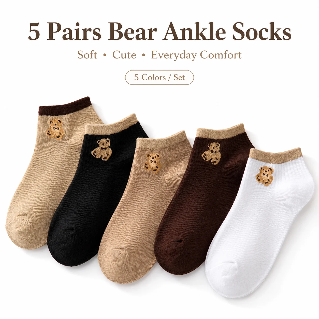 Cute Teddy Bear Socks 5 Pairs Cotton Multi-color Crew Socks for Women Girls Teens