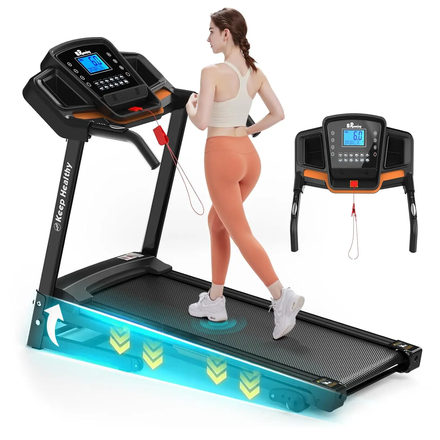 3.5HP Folding Treadmill with Incline 0.5-10MPH 330lb Bluetooth App Home Office Walking Jogging Running Under Desk Orange Custom