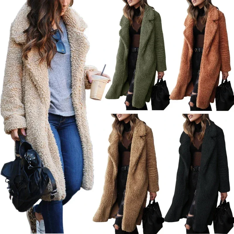 Fashion Women\'s Fuzzy Fleece Lapel Open Front Long Cardigan Coat Faux Fur Warm Winter Outwear Jackets