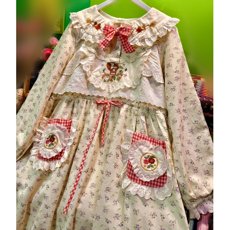 

Vintage Autumn Corduroy Lace Bow Goblincore Midi Dress for Women Harajuku Mori Girl Japanese Lolita Sweet Kawaii Cute Long Dress