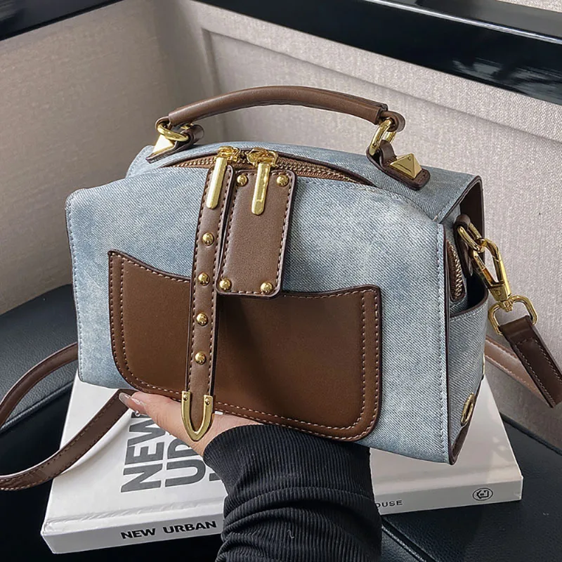 Denim And PU Splice Bag Fashion Color Contrast Women 2023 New Pop Handbag Light Luxury Texture Single Shoulder Crossbody Pack