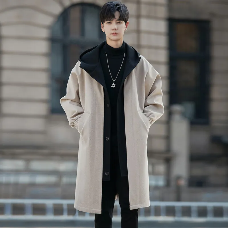 

2025 new men's fashion Hooded coat men high quality Single Breasted trench coat male casual Solid color jackets size M-3XL
