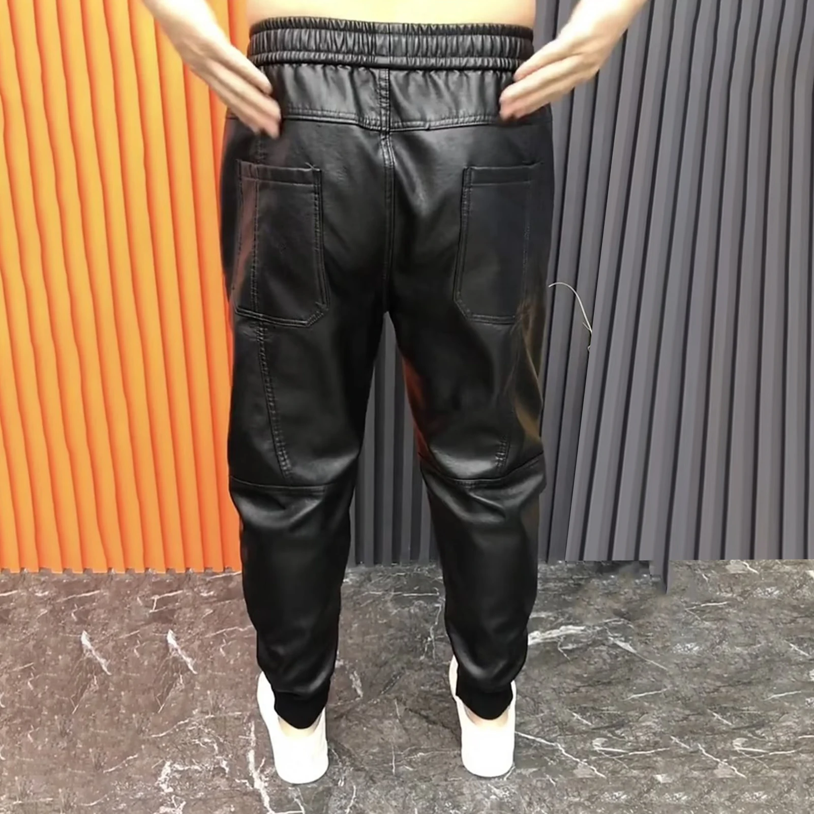 Autumn Winter Fleece-lined Thickened Warm Casual Pu Leather Trousers For Men Small Foot Thickened Long Pants
