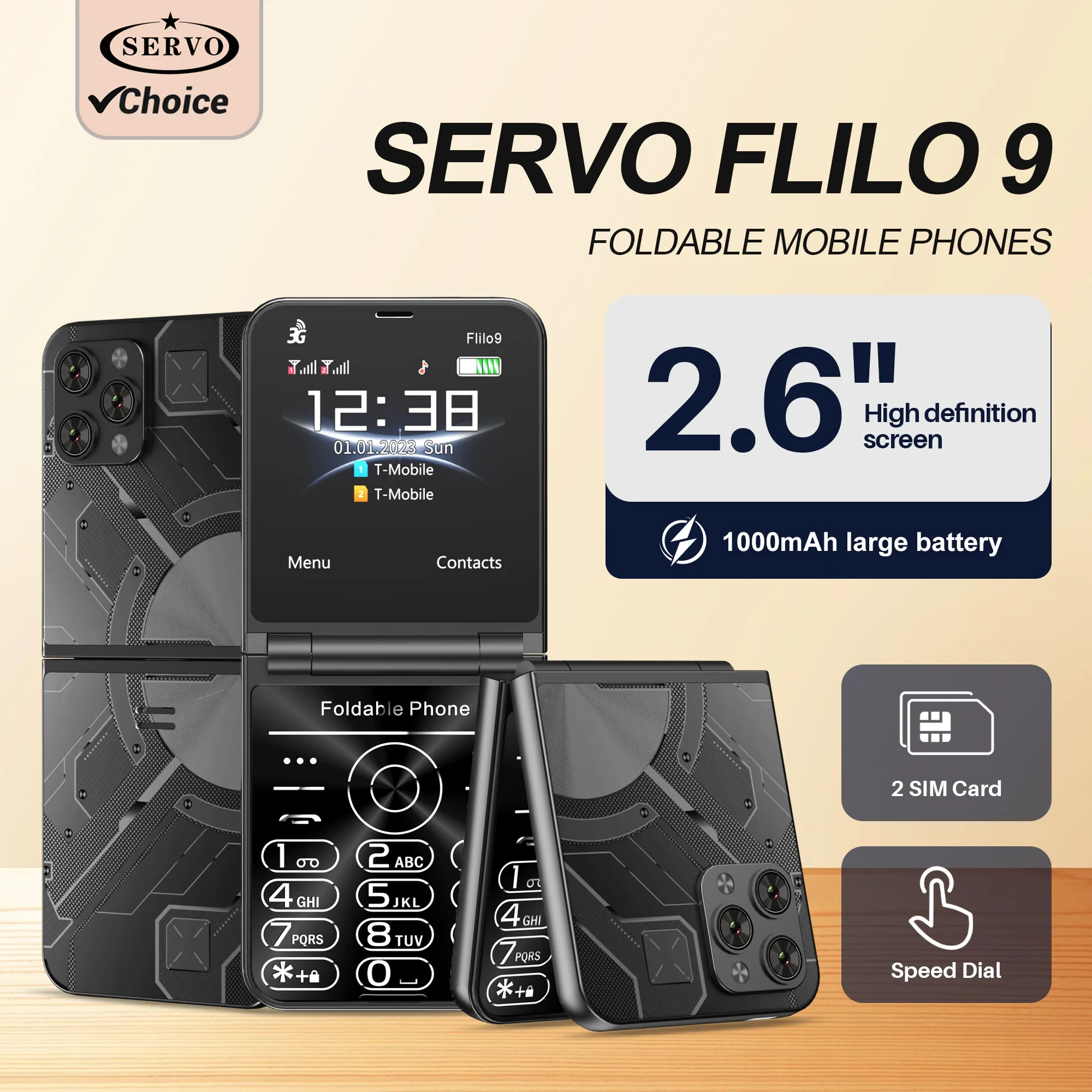 SERVO Flilo9 3G WCDMA Foldable Mobile Phone 2 SIM Flashlight Blacklist Speed Dial 2.6