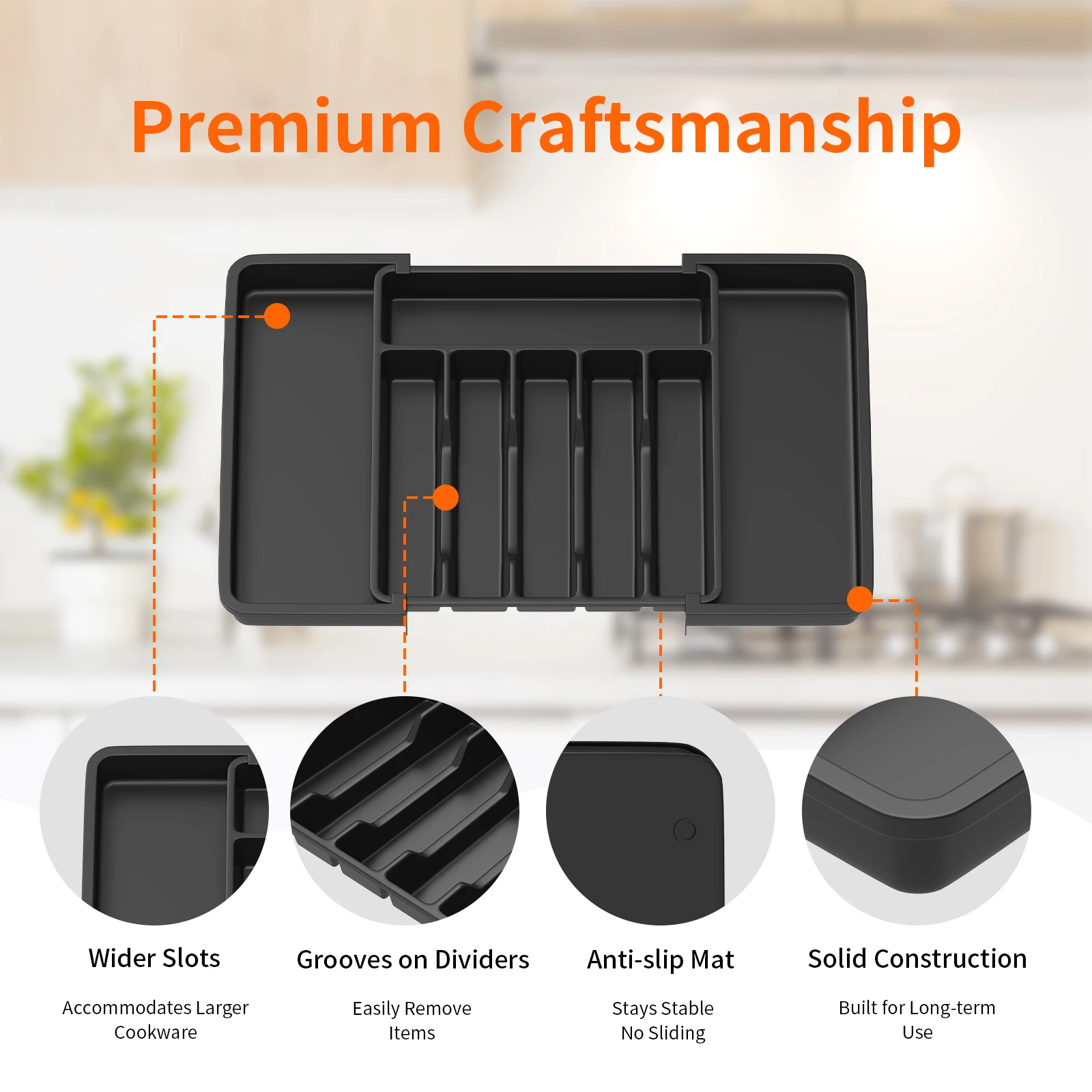 صينية أدوات المائدة البلاستيكية منظم درج الأواني مقاوم للماء صينية تخزين قابلة للتوسيع للمطبخ 6-8 مقصورات سعة كبيرة