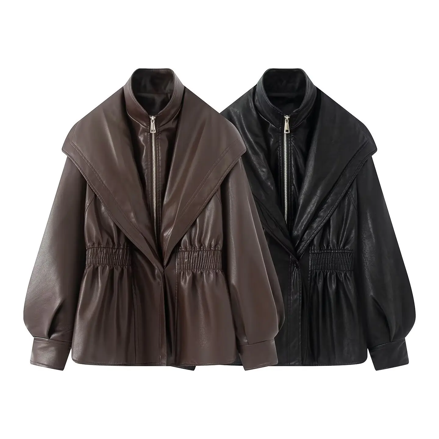 

Women's Solid Leather Jackets Casual Lapel Zipper Full Sleeves Stand Collar Coat 2025 New Autumn Winter Highstreet Overcoats