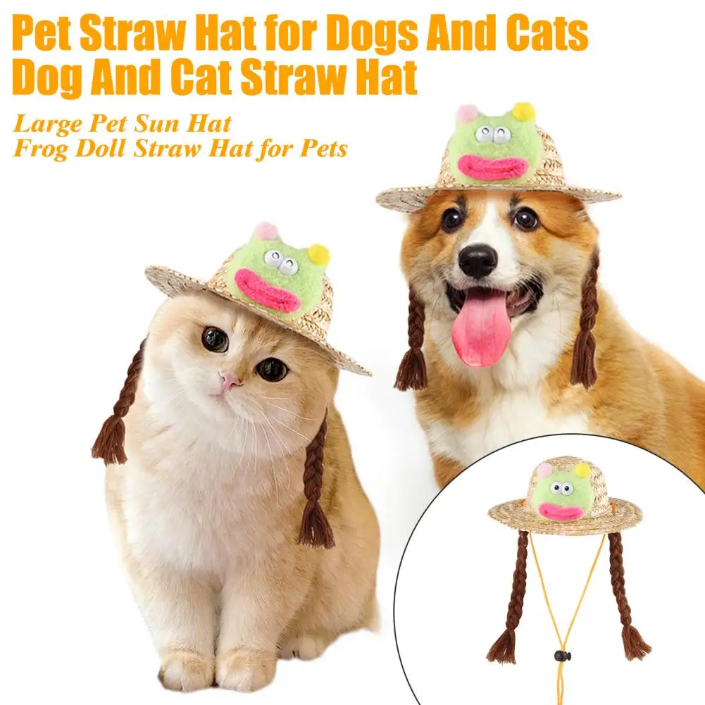 Small Pet Straw Hat Braided Pet Hat with Frog Doll Pet Braided Straw Hat Set with Cute Frog Doll Adorable for Cats for Outings