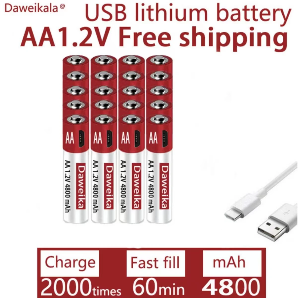 AA rechargeable lithium battery, 1.2V USB rechargeable AA battery, AA, 4800mAh, toy mouse remote control, free delivery CE  FCC