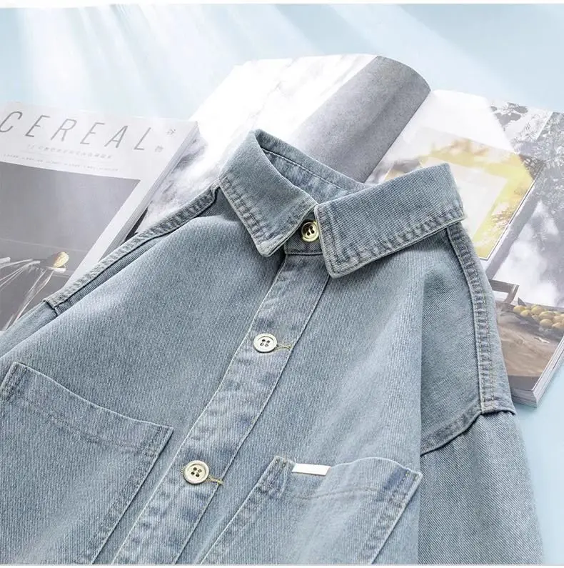 Women's Light Wash Denim Button-Down Shirt, Oversized Casual Top with Chest Pockets, Loose Long-Sleeve Layering Blouse