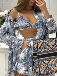 Mumaroho 2024 Spring Summer Women Holiday Shorts Set Loose Fit Long Sleeve Outfit 3 Piece Matching Sets For Women