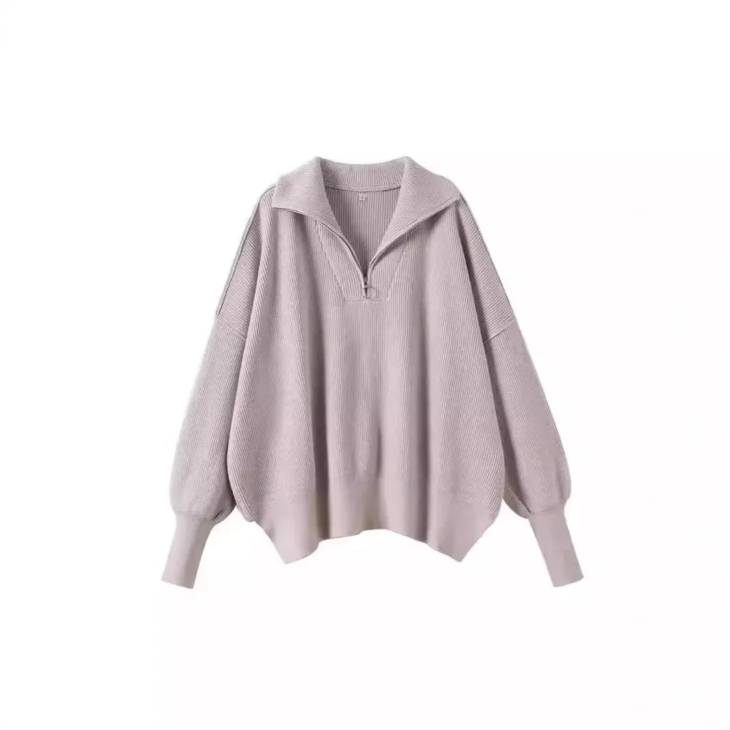Semi-zipper Stand-up Collar Sweater Women's Autumn and Winter Lazy Wind Loose Pullover Sweater Women's Coat