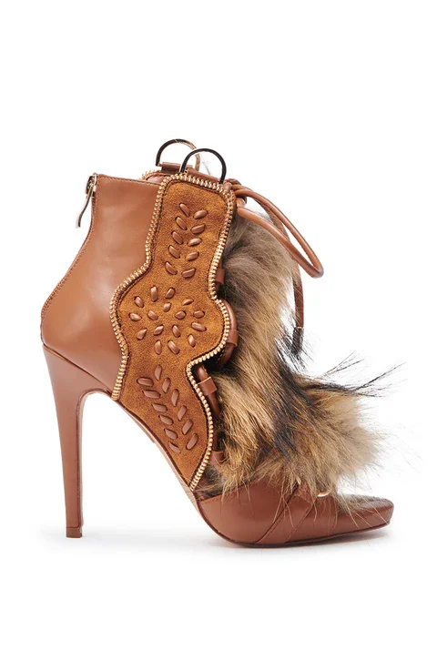 Women's High Heel Sandals Multiple Colors Fur Decor Open Toe Lace Up Fashion Party Shoes Stylish Elegant Gladiator Sandals